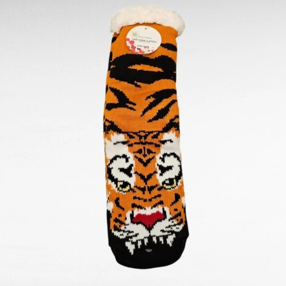 Tiger Sherpa Lined Slipper Socks Non Skid One Size